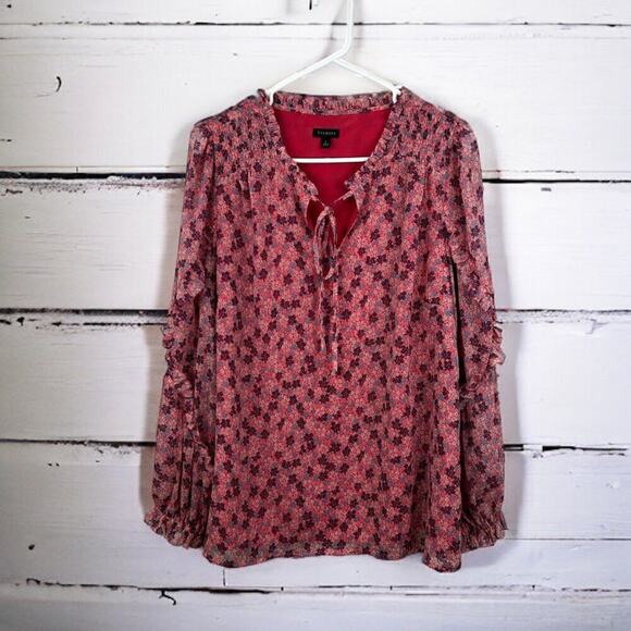 Talbots Women’s L Pink Floral Smocked Shoulder Tie Neck Long Sleeve Lined Blouse - Picture 1 of 6
